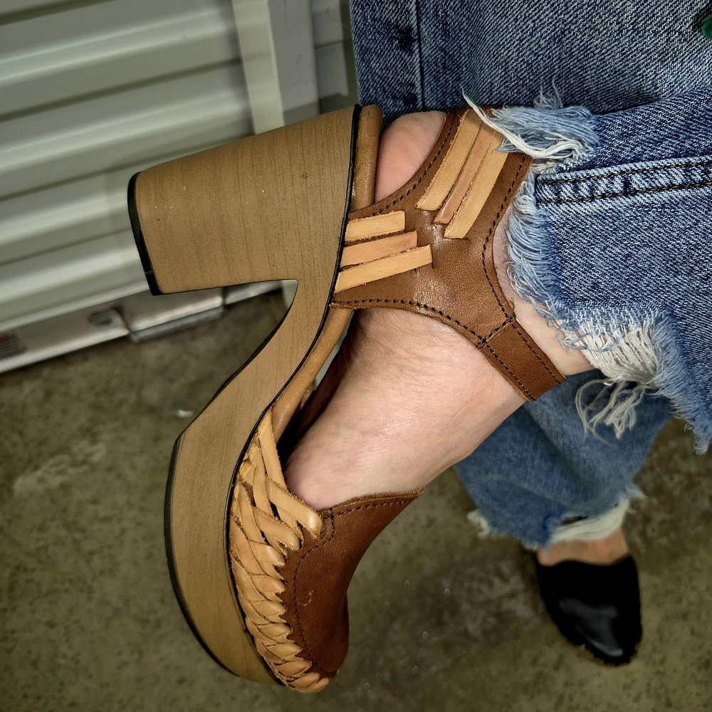 Woven Leather Block Heel Sandals - Women's Brown Heels